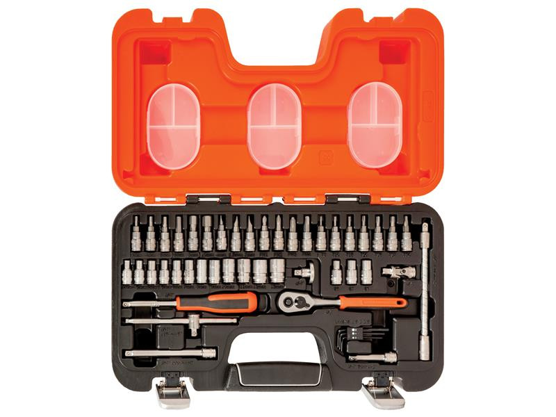 A socket and bit set in an open black and orange plastic case, containing various screwdriver bits, sockets, a ratchet wrench, extension bars, and hex keys, all neatly organized in individual slots.