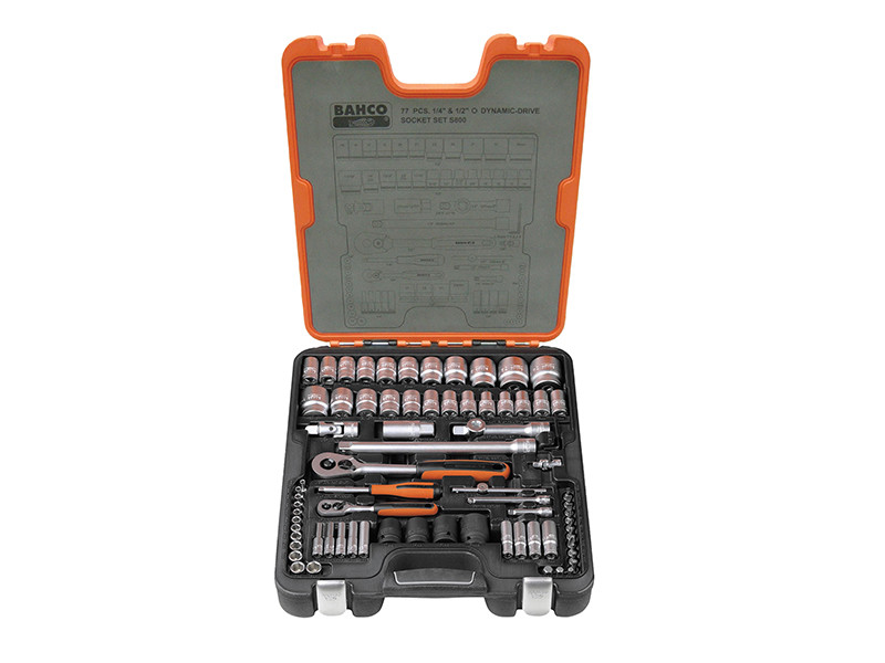 Bahco BAHS800 S800 Socket Set of 77 Metric & AF 1/4 & 1/2in Drive