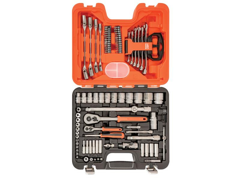 An open orange and black toolbox containing various hand tools including wrenches, sockets, ratchets, screwdriver bits, and other organized tools.