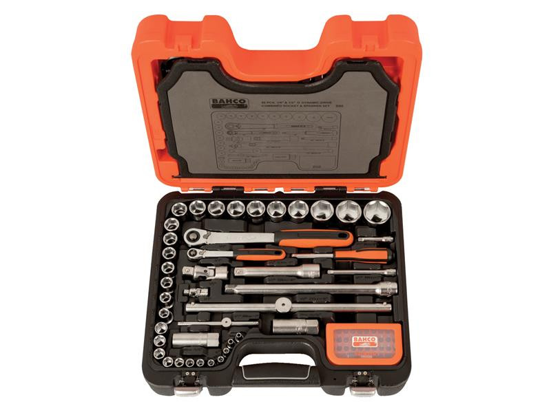 An open orange and black Bahco tool case showing an organized socket and ratchet set, including assorted sockets, wrenches, extensions, and screwdrivers inside molded compartments.
