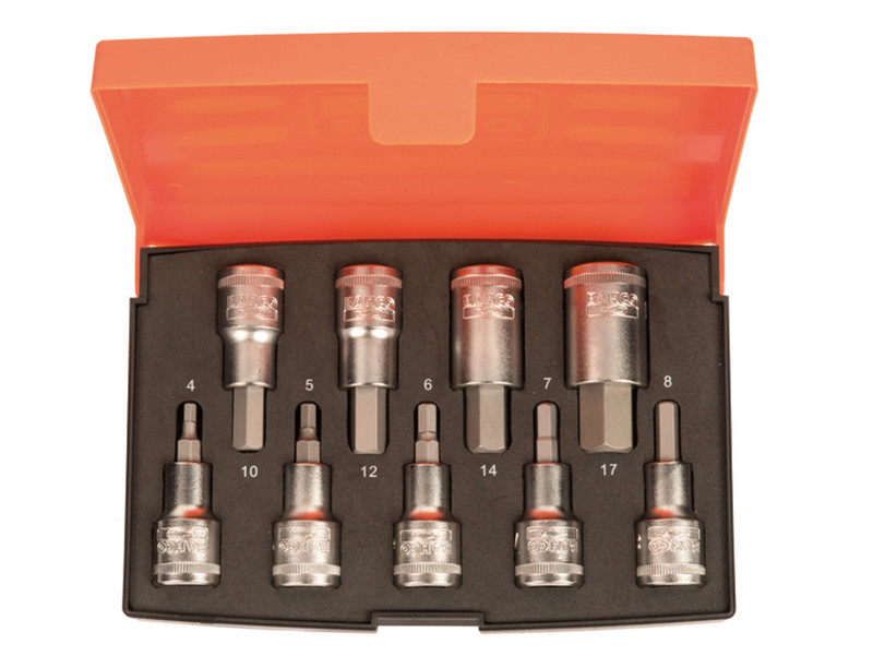 A set of ten hex bit sockets in various sizes arranged in a black foam tray inside an open orange plastic case. Each socket is labeled with its size, ranging from 4 to 17.