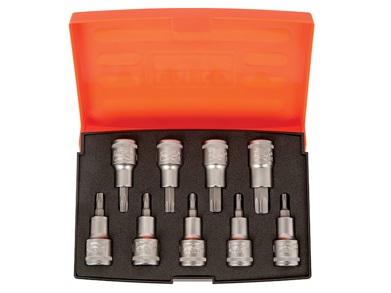 A set of ten metal socket bits arranged in two rows inside a black foam tray, housed in an open orange plastic case.
