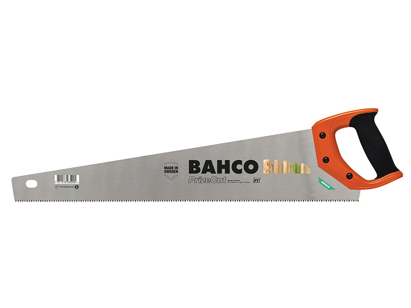 A Bahco PrizeCut hand saw with an orange and black handle, silver blade, and sharp teeth. The saw blade has branding text and wood illustrations printed on it.