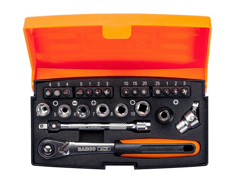 A tool set in an orange and black case containing a ratchet wrench, various sockets, screwdriver bits, extensions, and adapters, all neatly organized in molded slots.
