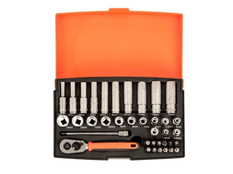 A socket wrench set in a black case with an orange lid, containing various socket sizes, a ratchet handle, an extension bar, and multiple bits, neatly organized in foam compartments.