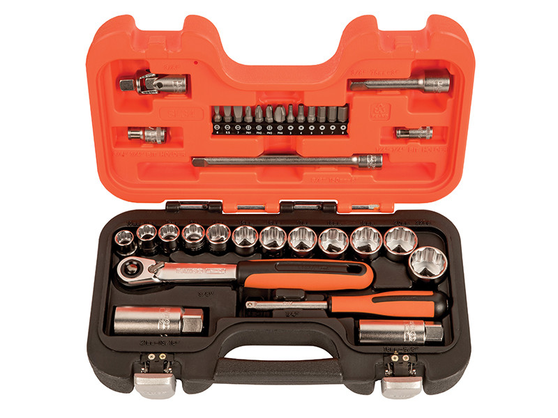 An orange and black tool case open to reveal a socket wrench set, including a ratchet, several sockets, extension bars, screwdriver bits, and other hand tools neatly organized in designated slots.