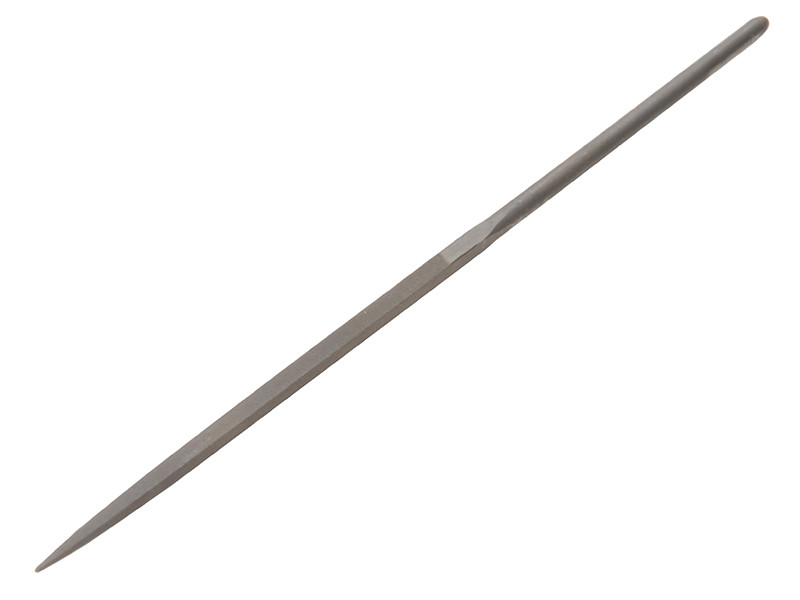A metal file with a long, thin, cylindrical shape and a pointed tip, used for smoothing or shaping materials. The surface has a textured grip for filing. The background is plain white.