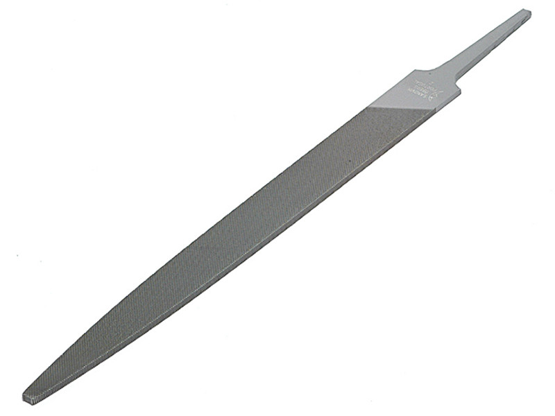 A flat, metal hand file with a pointed tip and a narrow tang for gripping. The file has a textured surface for smoothing or shaping materials. It is displayed on a white background.