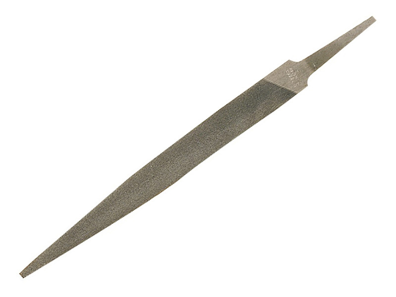 A metal hand file with a flat, tapered shape and a rough, textured surface used for smoothing or shaping materials. The file has a pointed tip and a narrow tang for attaching a handle.