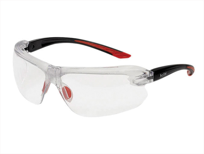 Clear safety glasses with wraparound lenses, black and red arms, and a slightly curved design for protective eyewear.