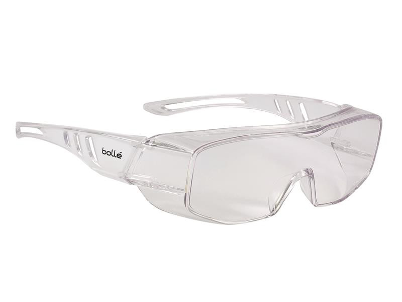 Clear safety glasses with wraparound lenses and side shields, featuring the Bollé logo on the temple. The frame is transparent, providing full eye protection.