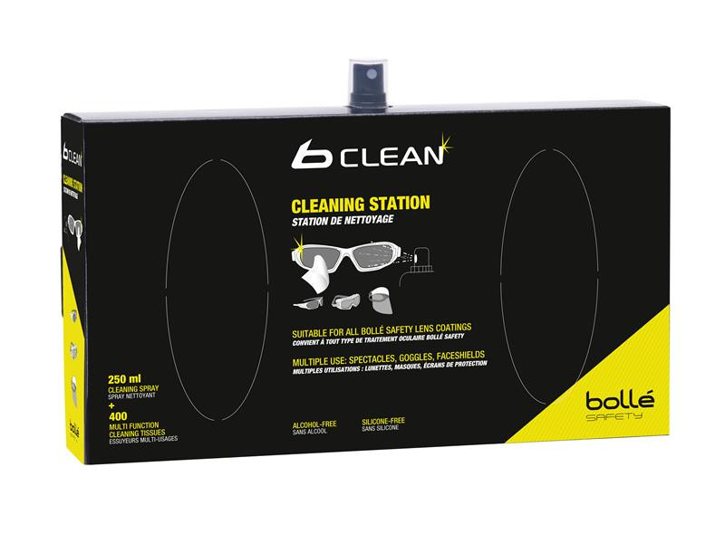 Black and yellow Bolle Safety B Clean cleaning station box with cleaning spray and tissues for safety eyewear. The box features product info and an illustration of goggles being cleaned.,