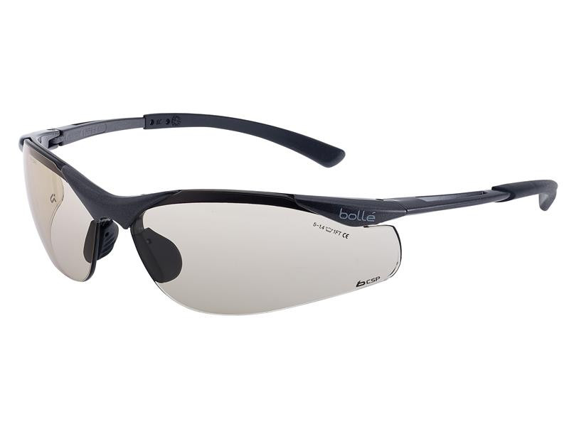 A pair of sleek, black-framed safety glasses with slightly tinted, wraparound lenses and curved arms, featuring the Bollé logo on the frame.
