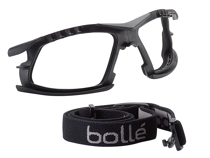Black sports safety glasses frame with a detachable strap that has “bollé” written on it, designed for secure and comfortable eyewear during physical activities.
