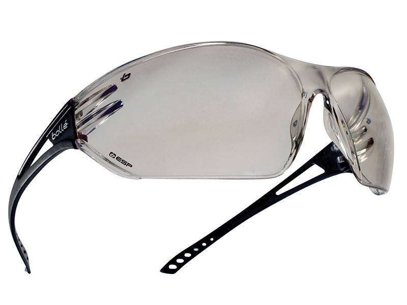 Clear protective safety glasses with wraparound lenses and black, perforated arms, designed to provide eye protection.
