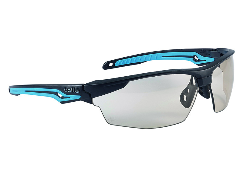 Sporty wraparound sunglasses with a black and blue frame, partially rimless clear lenses, and a bold, angular design. The brand “Bollé” is visible on the left temple arm.