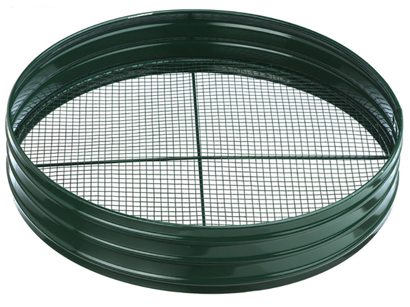 A round metal garden sieve with a green frame and a fine wire mesh bottom, used for sifting soil or compost. The mesh is divided into quarters by two crossing metal supports.