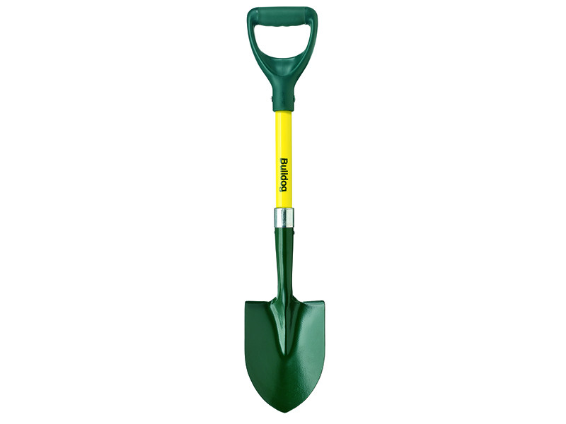 A green and yellow garden shovel with a D-shaped handle and a pointed blade, standing upright against a white background. The word Bulldog is printed on the yellow shaft.
