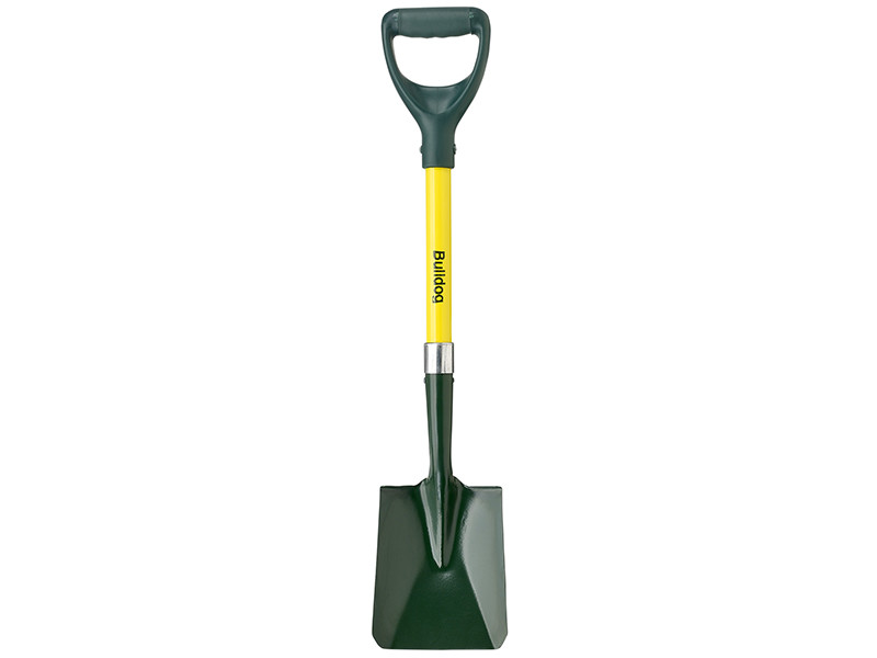 A green and yellow garden spade with a D-shaped handle and a square metal blade, standing upright against a white background. The word Bulldog is printed on the handle.