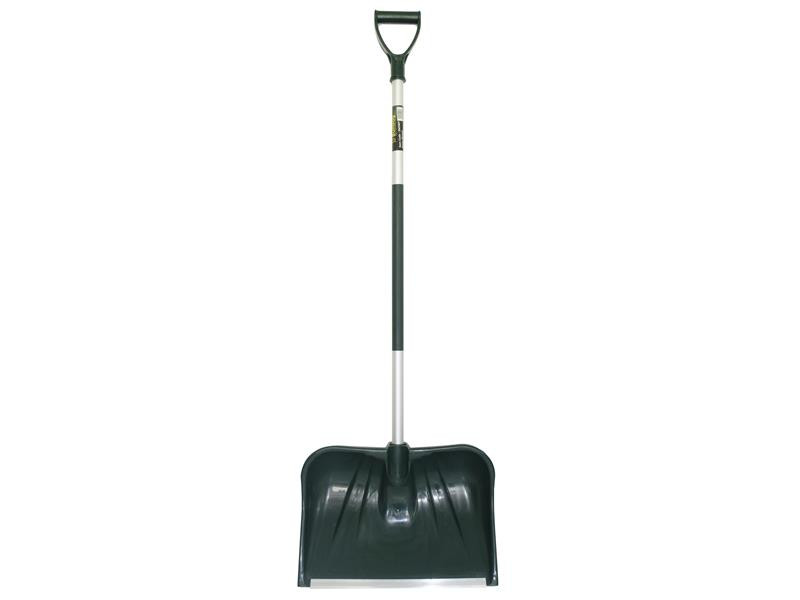 A large, black snow shovel with a wide curved plastic blade, a metal handle, and a black D-shaped handgrip at the top, positioned upright on a white background.