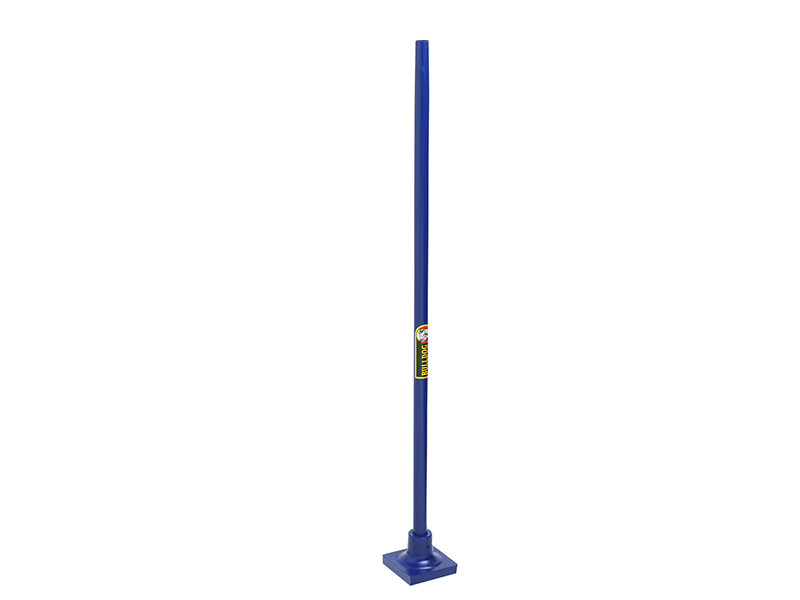 A tall, blue, vertical pole with a square base and a label on its side, standing upright against a white background.