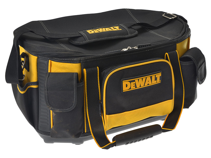 A black and yellow DEWALT tool bag with multiple exterior pockets, a zippered main compartment, a padded handle, and the DEWALT logo prominently displayed on the front and top.
