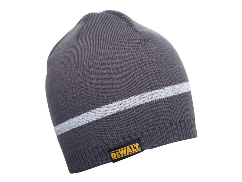 A gray knit beanie with a single white horizontal stripe and a yellow DeWalt logo tag on the front edge.,