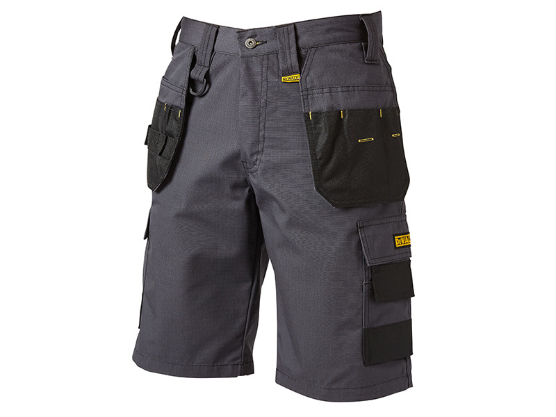 A pair of gray work shorts with multiple black utility pockets and tool loops, suitable for construction or DIY tasks. The shorts have a button closure and visible stitching details.