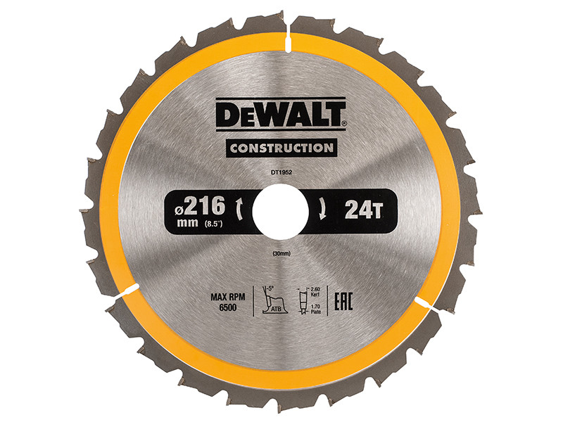 DEWALT DT1952QZ Stationary Construction Circular Saw Blade 216 x 30mm ATB/Neg
