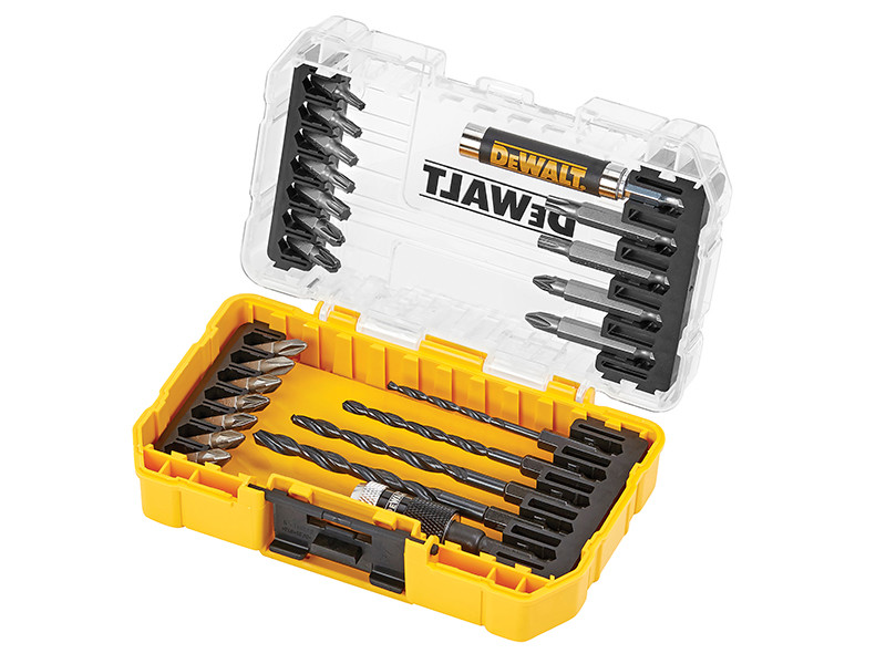 A yellow and black DEWALT cordless drill driver with a keyless chuck and variable-speed trigger, for drilling and screw driving.