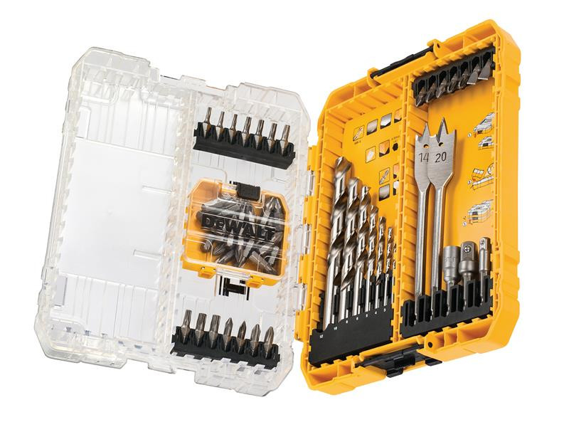A yellow and black DEWALT cordless drill driver with a keyless chuck and variable-speed trigger, for drilling and screw driving.
