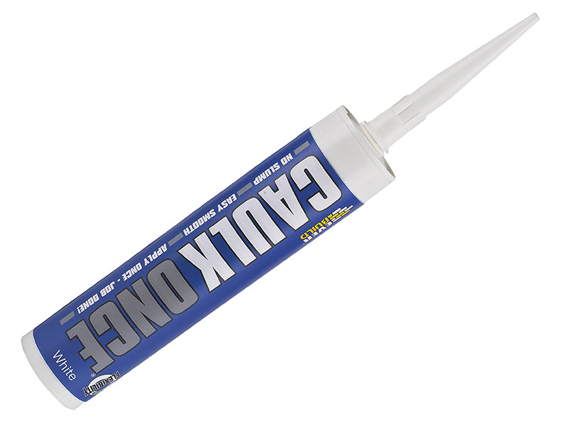 A cartridge of Everbuild white flexible acrylic sealant for sealing gaps around door and window frames and skirtings.,