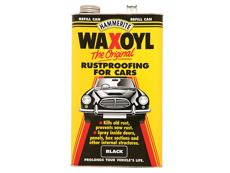 A 5 litre tin of Hammerite protective metal paint in black for long-lasting rust protection on ferrous metal surfaces.,