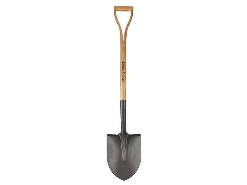 A short-handled rounded-bladed spade with a steel blade and a wooden or fibreglass shaft, for general digging work.