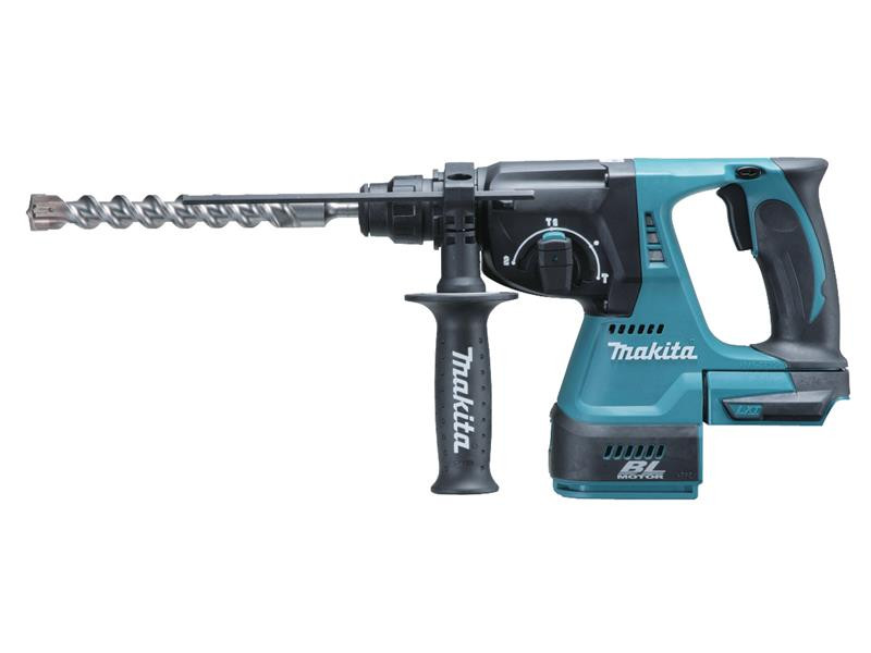 A teal and black Makita cordless combi drill with an 18V motor, a 13mm keyless chuck, and hammer, drill, and screwdriver modes.