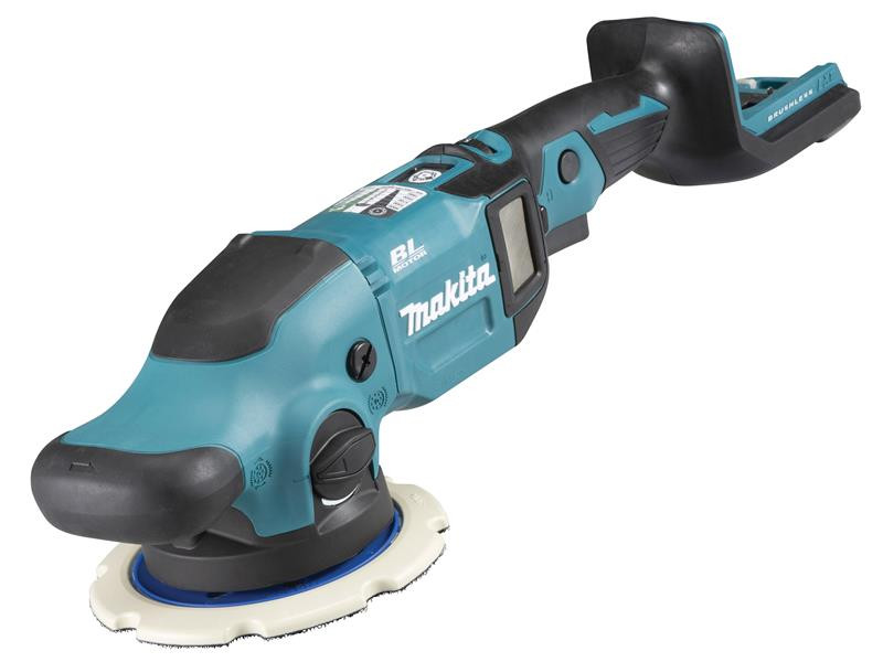 A teal and black Makita cordless random-orbit sander with a 18V motor and a dust extraction bag, for surface preparation and finishing work.