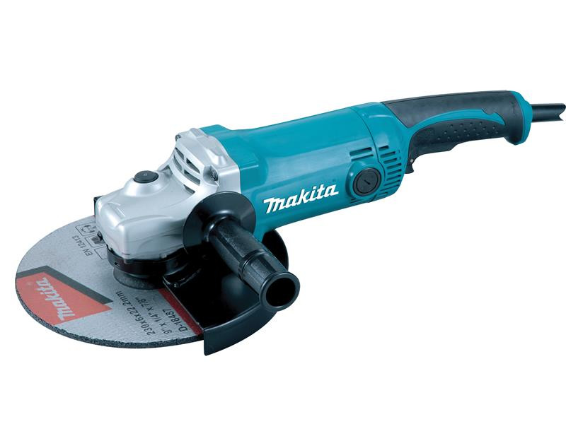 A teal and black Makita corded angle grinder with a 240V motor, a side handle, and a wheel guard, for grinding, cutting, and surface preparation.