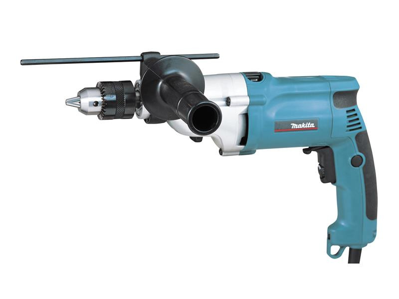 A teal and black Makita cordless drill driver with 240V a keyless chuck and variable-speed trigger, for drilling and screw driving.