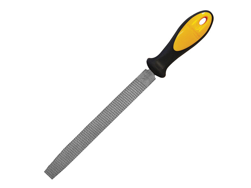 A Roughneck round file with a hardened steel abrasive surface and a turned wooden or synthetic handle, for shaping and deburring metal.