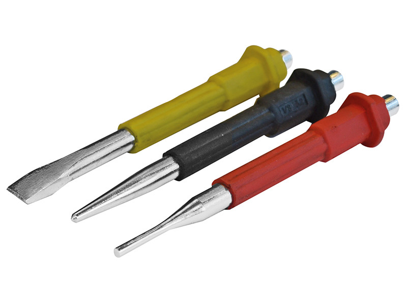 A hardened steel chisel with a bevelled cutting edge and a square-section body, for cutting stone, brick, or timber.