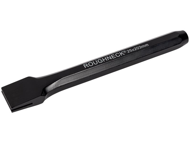 A hardened steel chisel with a bevelled cutting edge and a square-section body, for cutting stone, brick, or timber.