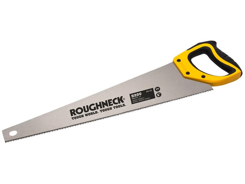A saw with a hardened blade and a comfortable handle, for cutting timber, metal, or masonry.