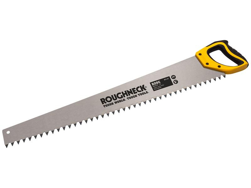A saw with a hardened blade and a comfortable handle, for cutting timber, metal, or masonry.