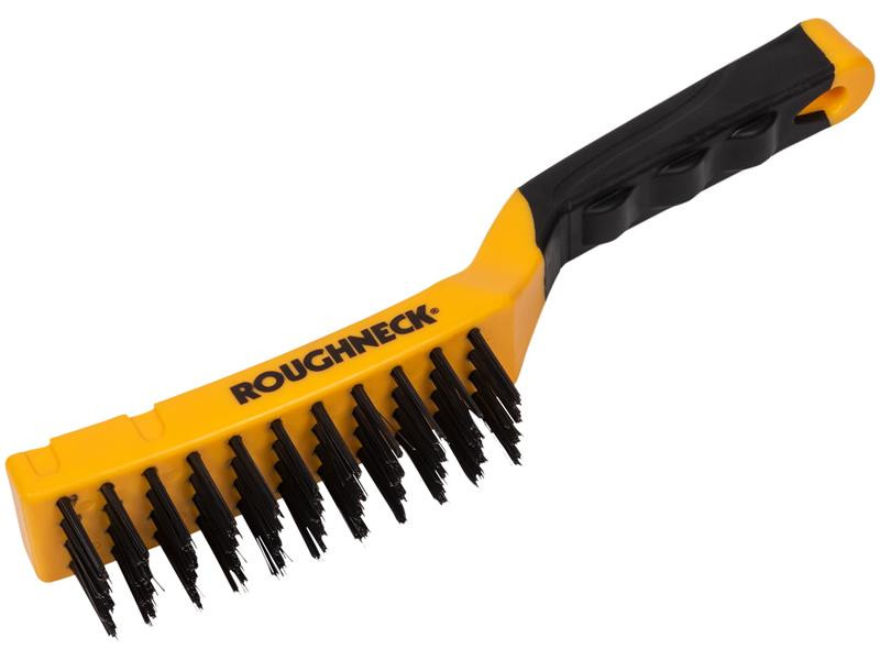 A wire brush with steel or brass bristle rows in a wooden or plastic handle, for removing rust, scale, and surface contaminants from metal.