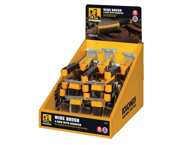 A wire brush with steel or brass bristle rows in a wooden or plastic handle, for removing rust, scale, and surface contaminants from metal.