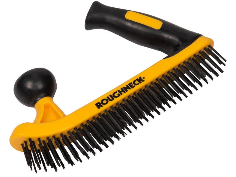 A wire brush with steel or brass bristle rows in a wooden or plastic handle, for removing rust, scale, and surface contaminants from metal.
