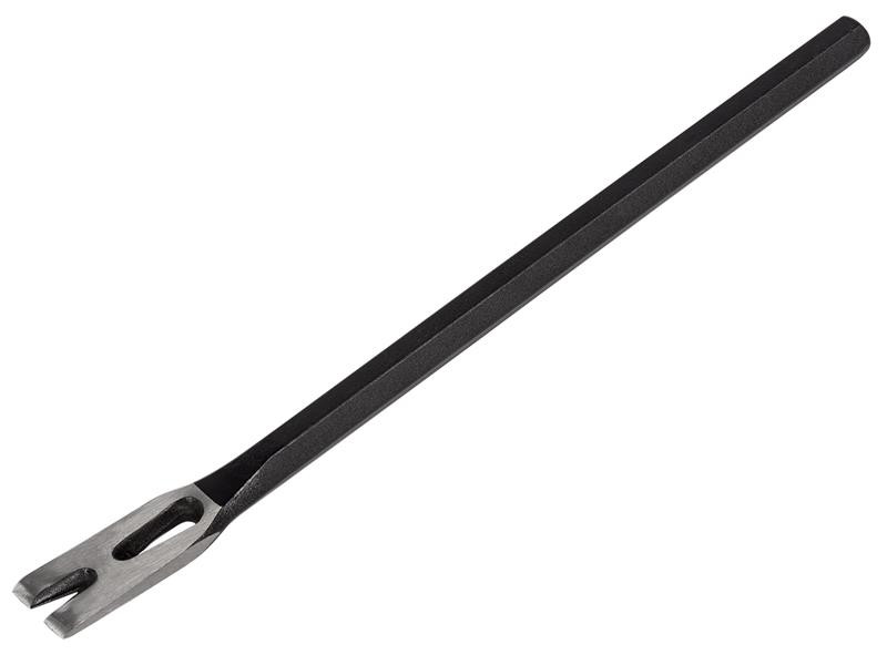 A hardened steel chisel with a bevelled cutting edge and a square-section body, for cutting stone, brick, or timber.
