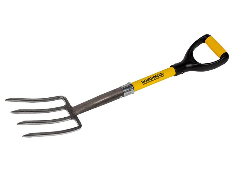 A Roughneck garden fork with four hardened steel tines and a wooden handle, for breaking up soil and lifting root vegetables.