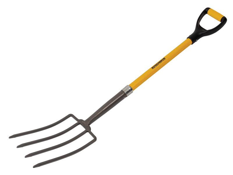 A Roughneck garden fork with four hardened steel tines and a wooden handle, for breaking up soil and lifting root vegetables.