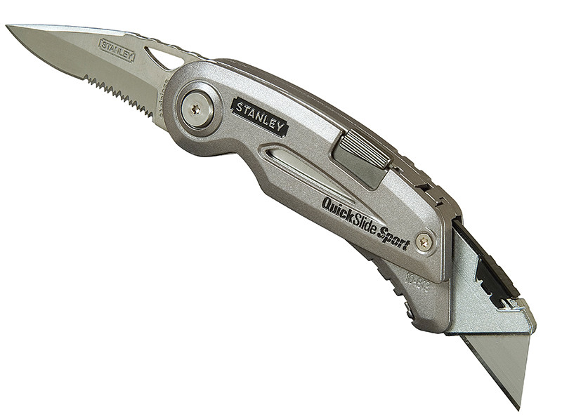 A retractable utility knife with a rubberised or plastic body, a locking mechanism, and replaceable snap-off blade segments.